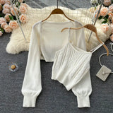 Korean Knitted Set Long Sleeve Casual Cardigan+Sexy Off Shoulder Slim Pearl Strap Tops Autumn Two Piece
