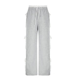 Grey Stripe Ribbon Drawstring Sweatpants-Outfit