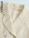 Women Fashion Double Breasted Cropped Tweed Blazer Coat Vintage Long Sleeve Flap Pockets Female Outerwear Chic