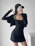 Trend Women's Fungus Edge Cardigan Short Style Long-Sleeved Coat Suspender Body-Stylish Dress Two-Piece Suit-Outfit