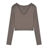 Toloer Women's Short Slim Long Sleeve With Bottom Shirt Autumn 2024 New Sexy V-Neck Collarbone Student Top