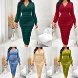Toloer Sexy Casual Dress Solid Color V-Collar Close Waist Long Sleeve Wrap Hip Dress Female-Outfit