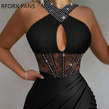 Women Solid Elegant Halter Rhinestone Bright Line Decoration Criss Cross Lace Patch Keyhole Bodycon Party Sexy Dress-Outfit