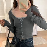 Small Number Of Hot Girls Press Button Low-Collar Retro Cardigan Blouse Women's Autumn New Style Long-Sleeved T-Shirt-Outfit
