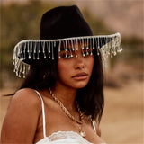 Rhinestones Tassels Cowboy Hat Party E-girls Casual Outwear Feather Patchwork Caps Vintage Elegant Hats Clubwear 2023-Outfit