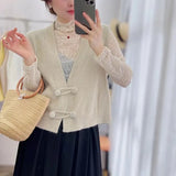New French Vintage V Neckline Knitted Vest Cardigan With Chinese Style And Fashion Sleeveless Sweater-Outfit