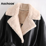 2022 Fashion Winter Black Jacket Women Long Sleeve Lamb Fur And Faux Leather Coat Female Bandage Elegant Coat