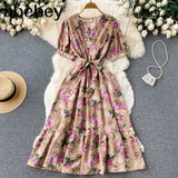 2022 Vintage Floral Print V Neck Bandage Dress Summer Midi Long Party Women High Waist Vestido De Festa Elegant