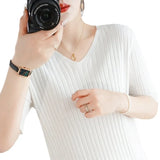 Toloer The Summer Of 2024, Women's Knit Short Sleeve Korean V-Neck Solid Color T-Shirt And A Pit Top-Outfit