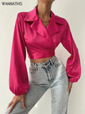 Satin Shirts Office Lady Lantern Sleeve Turn-down Collar Fall Bow Tie Women's Elegant Fashion Padded Shoulder Top