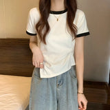 Toloer Female 2024 New Summer Design Sense Contrast Color T-Shirt Fashion Chic Irregular Short Student