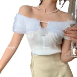 Yarn Splicing A Word Collar T-Shirt For Girls Summer New Pink Pure Lust Collar Sexy Umbilly Babes Short-Sleeved