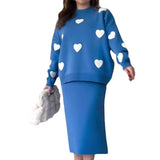 Set Women Two Piece Sets Round Neck Full Sleeve Print Sweaters Knitted Tops Mid Length Skirts Loose Casual Splice-Outfit