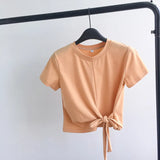 Toloer Solid Color T-Shirt Female 2024 Summer Wear Korean Version Of The Strap Careful Machine Exposed Umbilical Students Short Sleeve Shirt Repair