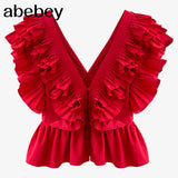 Casual Patchwork Ruffle Shirts For Women V Neck Short Sleeve Ruched Slim Blouses Female 2022 Summer Fashion