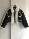 Winter Warm PU Leather Coats Faux Fox Fur Jacket Big Fur Collar Short Jacket Fashion Black Cotton Padded Lady Down