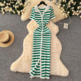 Chic Vintage Collar Single Buckle Began Striped Knitted Dress Female Thin