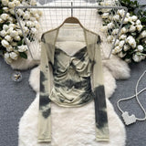 Girls Tie-Dye Mesh Jersey Long-Sleeved T-Shirt Girl Thin Perspective Temperament Fashion Folding