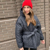 Casual Hooded Parkas Women Fashion Loose Solid Argyle Coats Women Elegant Short Tie Belt Cotton Jackets Female
