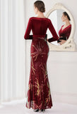 Winter Elegant Velvet With Sequins Deep V Neck Long Sleeve Slit Cocktail Eevening