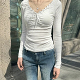 Solid Color Ruffled V-Neck Bow Long Sleeve Tee-Outfit