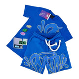 Aesthetics Male Gothic 2-Piece Hip-Hop Alphabet Print 0-Collar T-Shirt + Rope Wide Legs And Short-Outfit