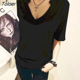 Big Neckline Oversized T Shirt Women Casual Loose Short-sleeved V-neck T-shirt Women's Trend Tops Sexy Fashion