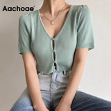 Aachoae Women Cropped Knitted Cardigan Sweater Sexy V Neck Short Sleeve Cardigan Female Solid Single Breasted Outerwear