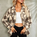 Plaid Print Coat Women Winter Long Sleeve Turndowm Collar Single Breasted Pocket Slim Woolen Blazer Casual Loose Warm Jacket