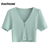 Aachoae Women Cropped Knitted Cardigan Sweater Sexy V Neck Short Sleeve Cardigan Female Solid Single Breasted Outerwear