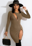 Winter Rib Zippers Slit Long Sleeve Bodycon