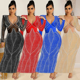 Sexy Nightclub Hot Diamond Mesh Perspective V Collar Long Sleeve Dress Woman-Outfit
