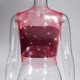 Toloer Nightclub Dresses Fishnet Hollow Out Rhinestone Vest Mesh Flash Diamond Sling Top