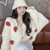 Strawberry Sweater Soft Waxy Cardigan Coat Autumn And Winter 2024 Loose Female V-Collar Coarse Wool Knitting Trend-Outfit