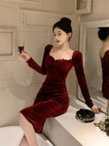 Autumn Winter Dresses Women Elegant Sexy Square Collar Slim Long Sleeve Vintage Velvet Dress Female French Style Chic-Outfit