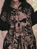 Skull Print Zip Up Oversized Hoodie-Outfit