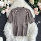 Sleeve O-neck High Quality Sweater Shirts With Decorated Buttons Girls Stretchy Crop Tops Sweaters Pullovers For