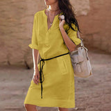 Summer Elegant Linen Dress Homewear Long Sleeve V-neck Holidays Vacation Beach Casual Solid Dress With