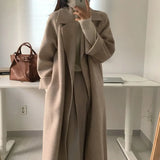 Women Elegant Long Wool Coat With Belt Solid Color Long Sleeve Chic Outerwear Ladies Drop Shoulder Overcoat