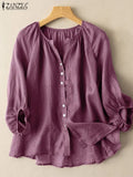 Femme Three Quarter Sleeve O-Neck Oversized Cotton Shirt 2022 ZANZEA Women Summer Solid Color Blouse Fashion Casual Holiday