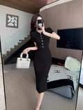Real Shot Is Pure, Stylish, Sexy, Slim, Thin, Lapel, Short-Sleeved, Knitted, Buttocks, Fishtail Dress, Summer Dress-Outfit