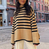 2021 Women Turtleneck Knitted Striped Sweater Autumn Winter New Clothes Ladies Korean Casual Loose Split Pullover Top