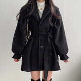Aachoae Women Autumn Winter Slim Wool Coats With Belt Lantern Long Sleeve Turn Dwon Collar Outwear Female Chic Elegant
