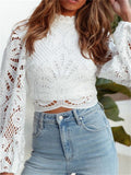 Elegant Women Long Sleeve Lace Blouses Tops White Casual Crochet Hollow Out Turtleneck Stylish Shirts Female Pullover-Outfit