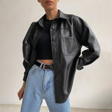 Women's Leather Jacket Autumn 2021 Thin Bomber Jacket Celmia Vintage Long Sleeve Coats Buttons Lapel Casual Solid Work