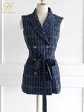 Han Queen 2023 Autumn Occupation Plaid 2-Piece Suit Women Elegant Double-Breasted Lace-Up Top & Simple Pants Korean Casual Set-Outfit