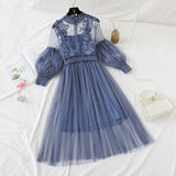 New Women Fashion Dress Stand Collar Lantern Sleeve Mesh Dress See-through Lace Embroidery Fairy Dress Femme Vestidos