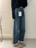 Blue Plus Velvet Jeans Children New Spring And Autumn High-Rise Thin Small Narrow Version Of Straight Broad Leg Pants
