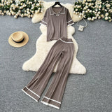 Version Of Retro Fashion Collar Collar Short-Sleeved Knitting Top + High-Waisted Casual Broad-Legged Trousers 2025 Summer