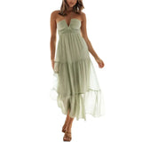 Long Dress Aesthetic Women Solid Color Tie-Up Halter Neck Sleeveless Backless Halter Dress Summer Casual Beach Party